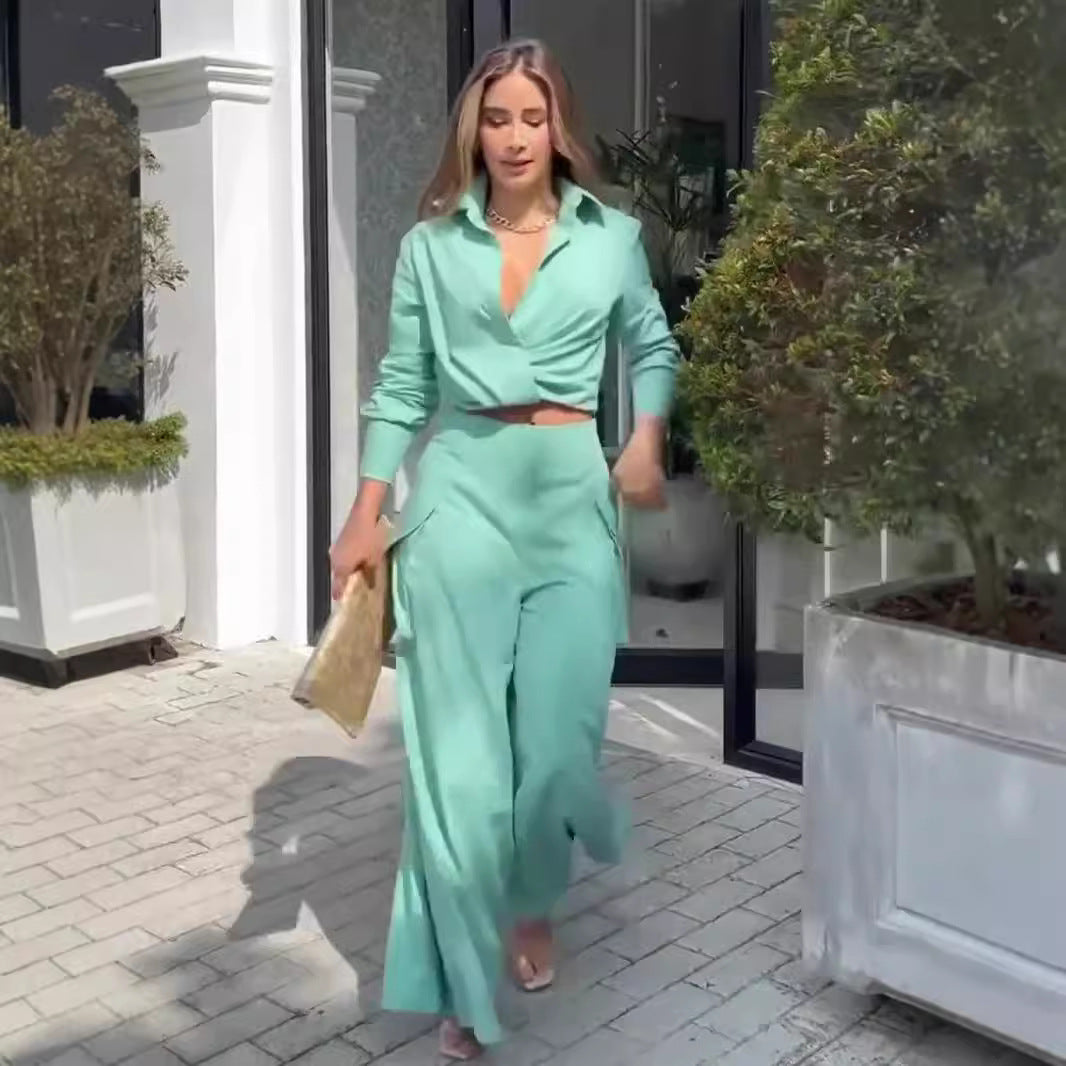 Elegant Long-Sleeve Top & Wide-Leg Pants Two-Piece Set