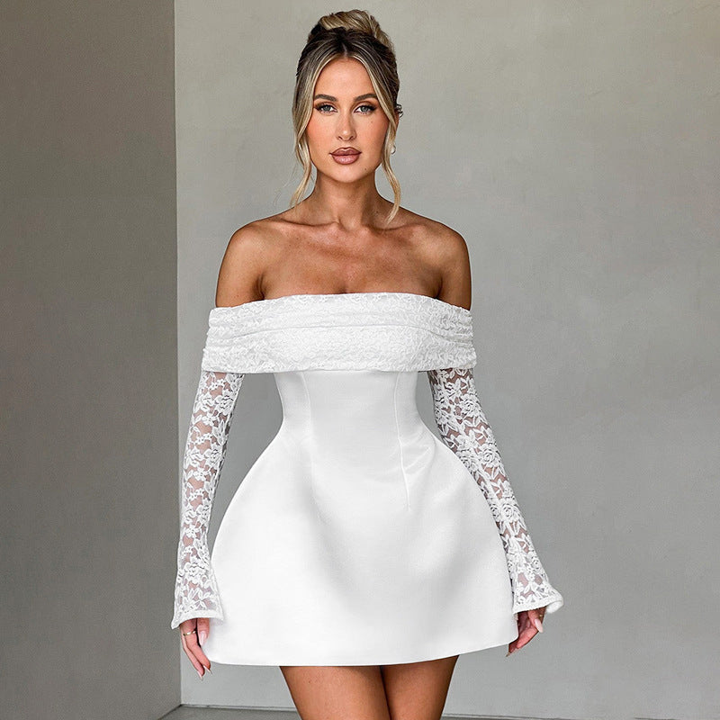 Off-Neck Lace Stitching Long Sleeve Waist A-Line Dress
