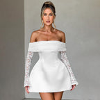 Off-Neck Lace Stitching Long Sleeve Waist A-Line Dress