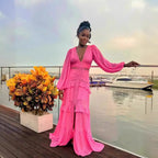 V-Neck Long-Sleeve Contrast Dress