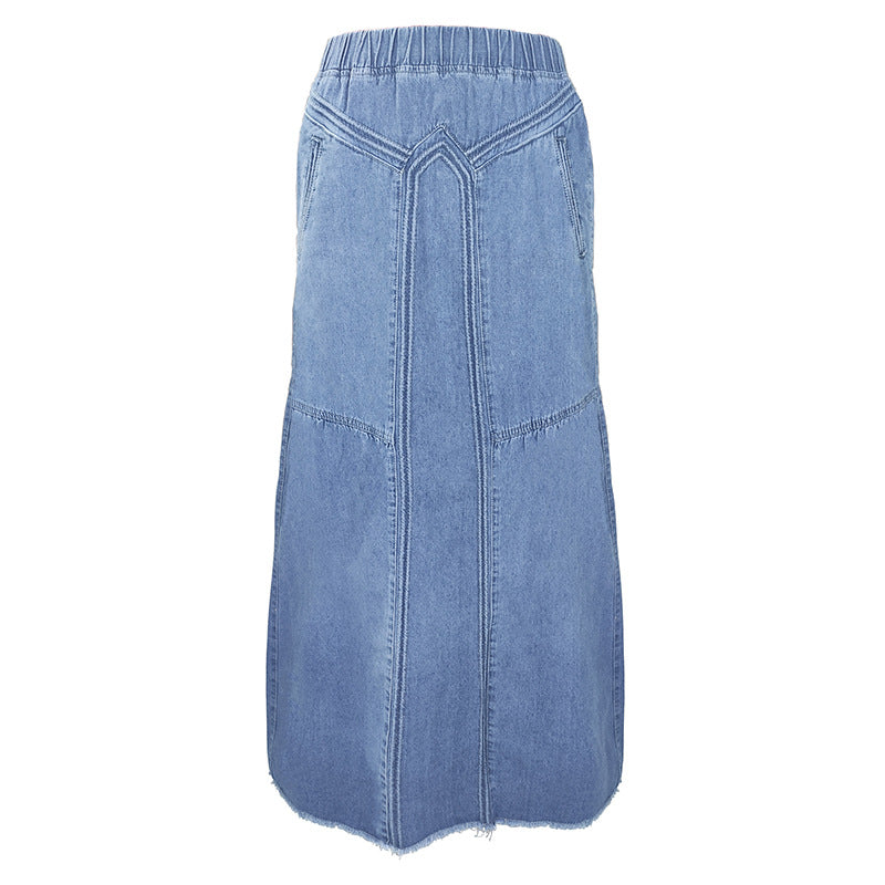 Pring Summer Denim A Binding Tape Brushed Elastic High Skirt