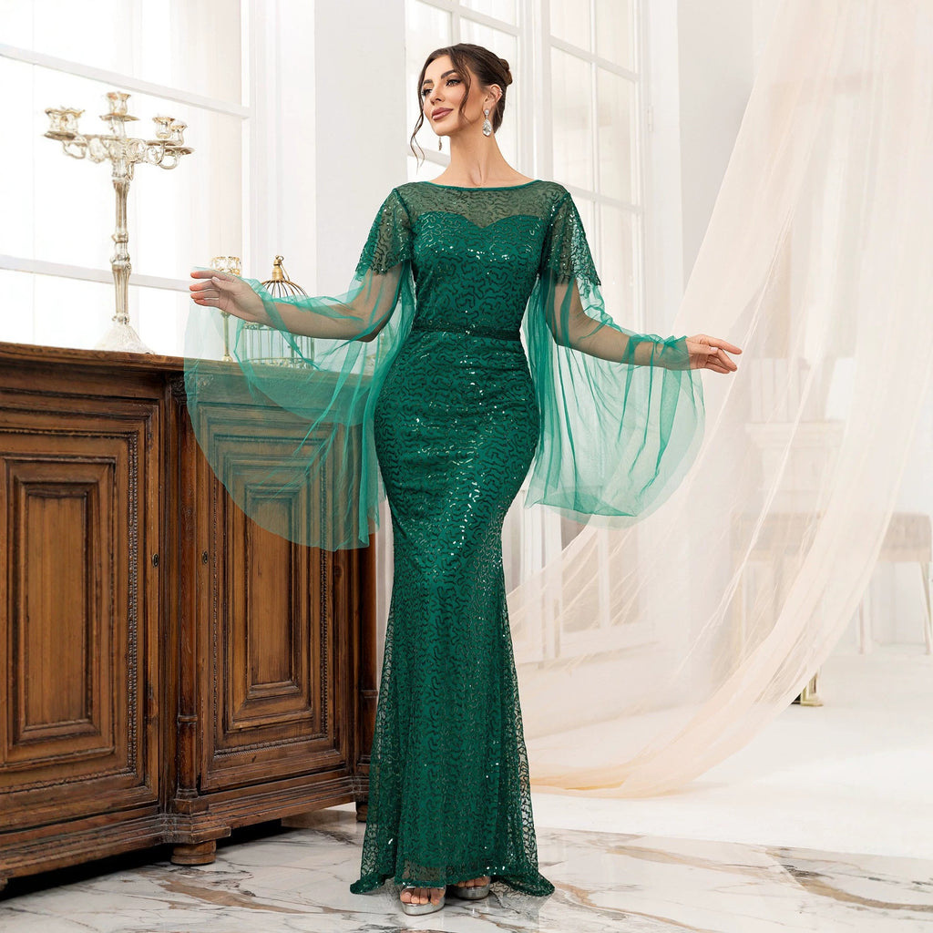 Women's Sequin Long-Sleeve Evening Maxi Dress