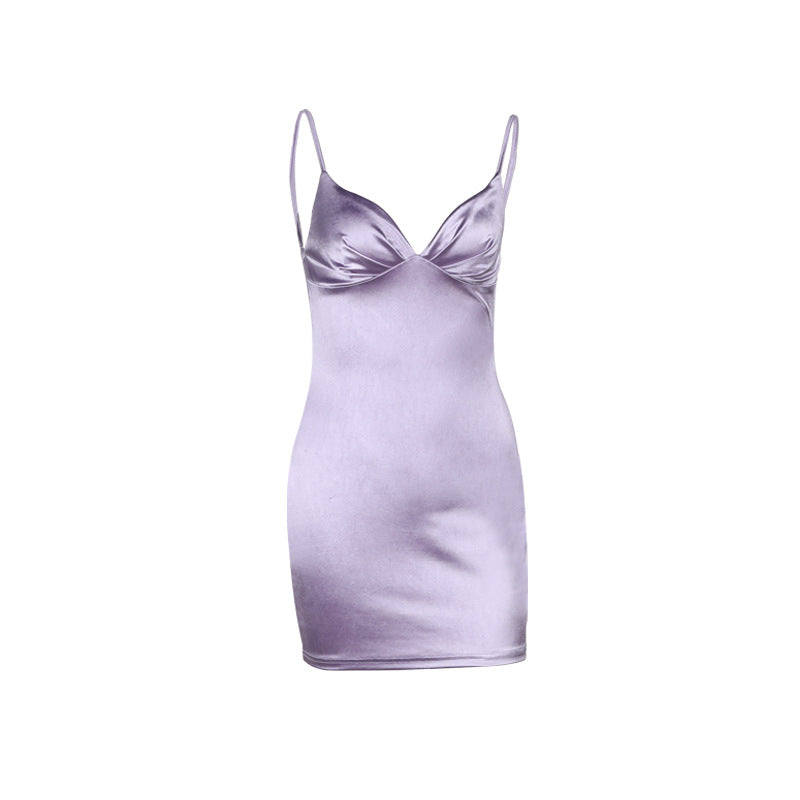 Women's Suspenders V Neck Satin Backless Dress Slim Fit Hip