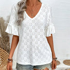Women's Women Knitted Embroidered Hollow Out Cutout Ruffled V Neck Short Sleeved Shirt Women T Shirt Women Spring Autumn