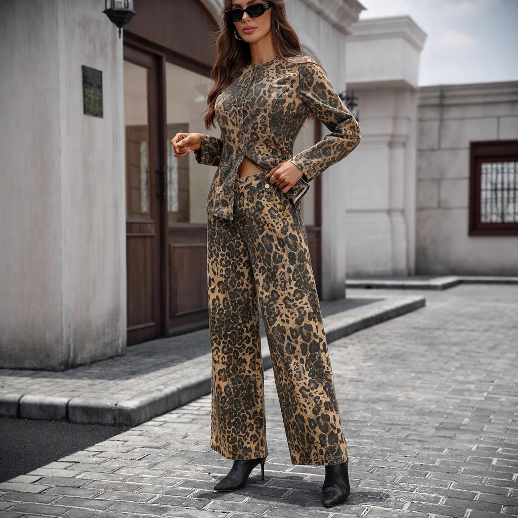 Washing Long Sleeve Casual Denim Trousers Set