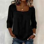 Summer Solid Color Casual Square Collar Lace Stitching