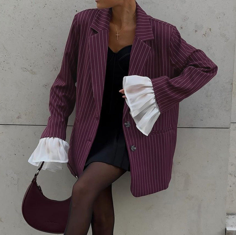 Striped Blazer Lace Bell Sleeve Loose