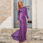 Spring Autumn Sequin Dress Purple Crew-Neck Long Evening Long Sleeve