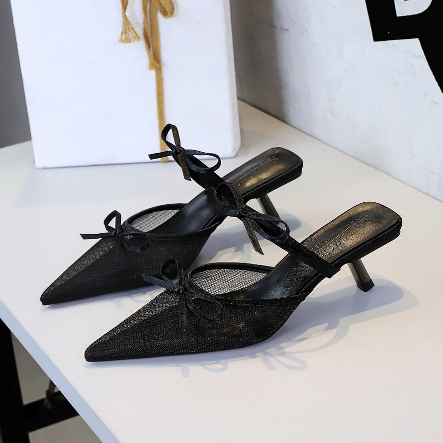 Women's Korean Lace Half Slippers Stiletto Shoes Pointed Toe Low Cut Bowknot Strap