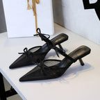 Women's Korean Lace Half Slippers Stiletto Shoes Pointed Toe Low Cut Bowknot Strap