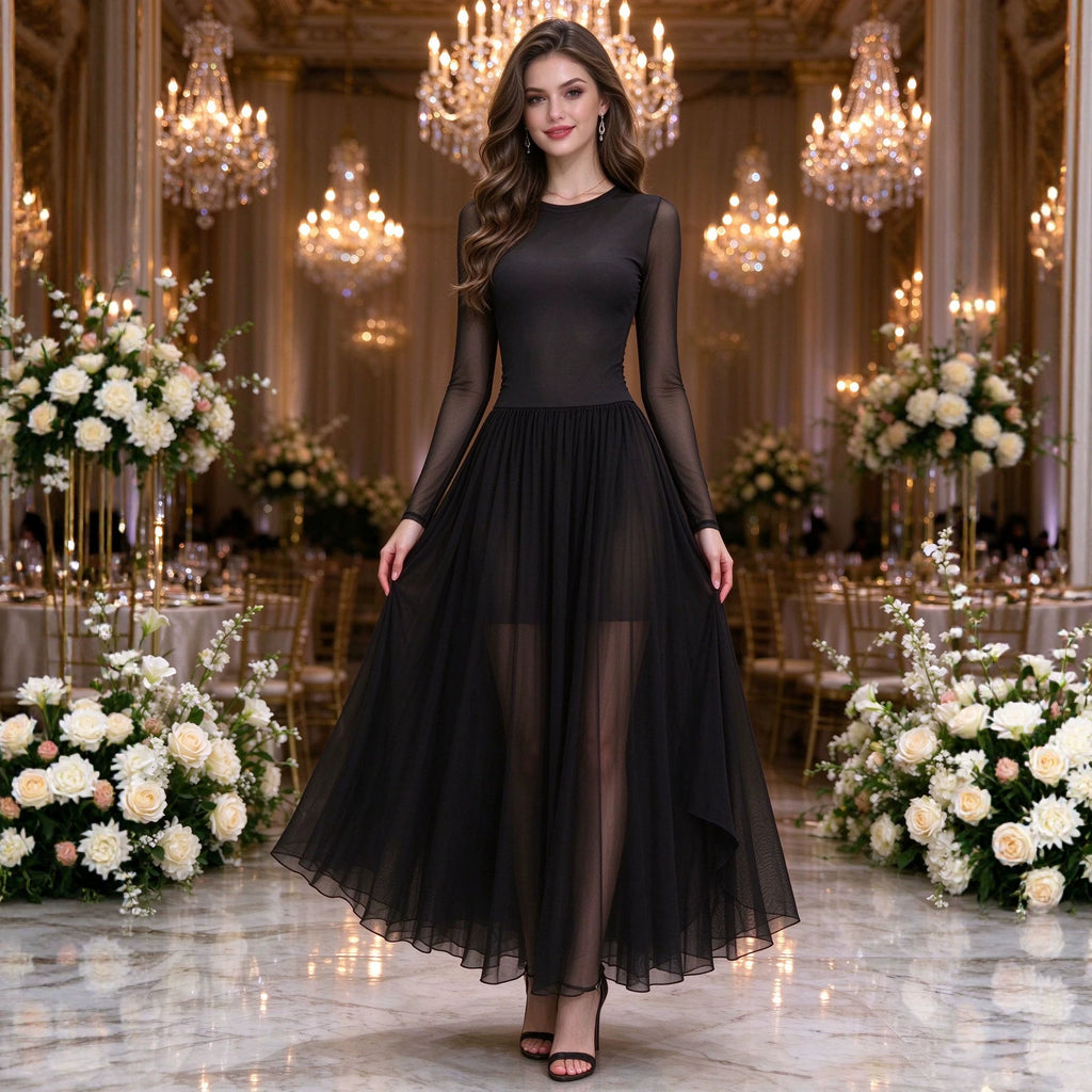 Evening Dress Black Mesh Dress Round Neck Long Sleeve High Waist Big