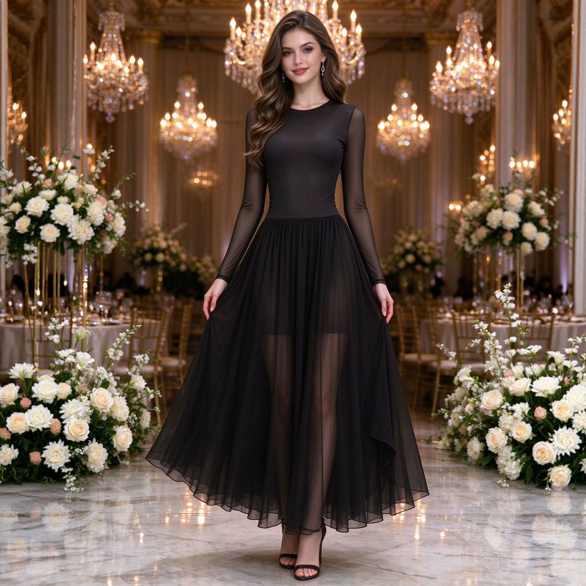 Evening Dress Black Mesh Dress Round Neck Long Sleeve High Waist Big