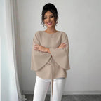 Women's Popular Solid Color Belt Batwing Sleeve Top Daily Essential