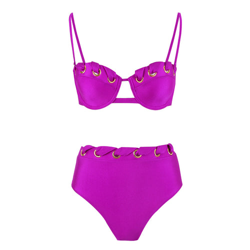 Purple bandeau swim top and high-waist bottoms set with grommet strap detail