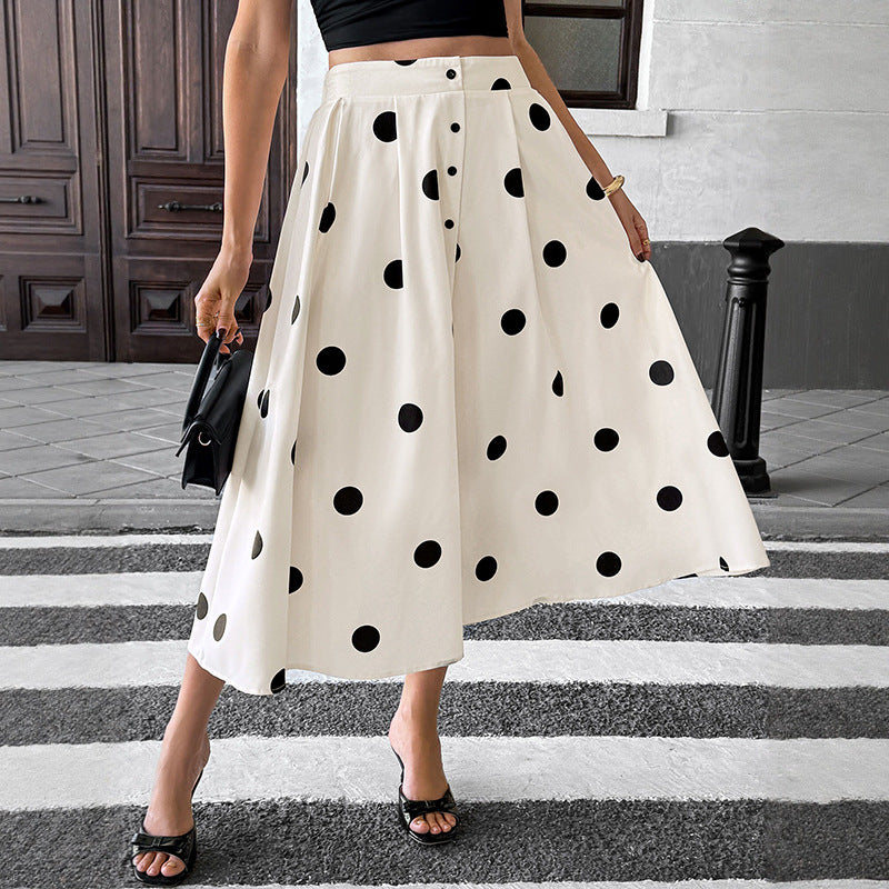 Mid Length Umbrella Skirt Polka Dot Elastic Elegant Retro A Line