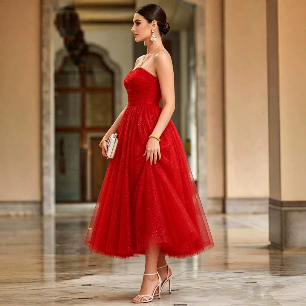 Women's Red Strapless A-Line Evening Midi Dress