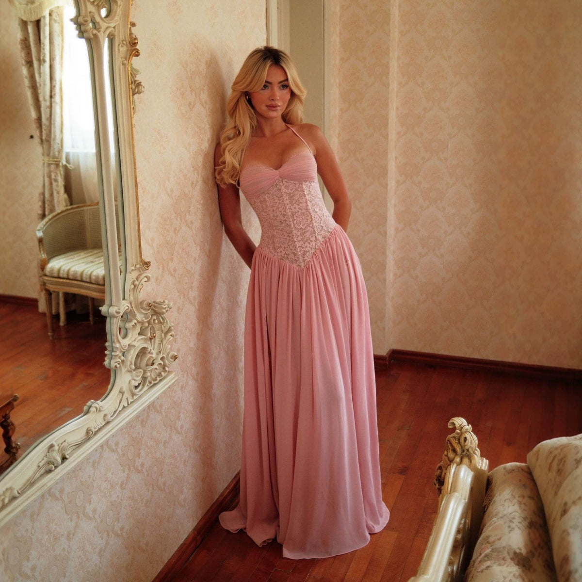 Women's Retro Halter Dress Lace Waist Chiffon Dress Bride Bridesmaid Dress