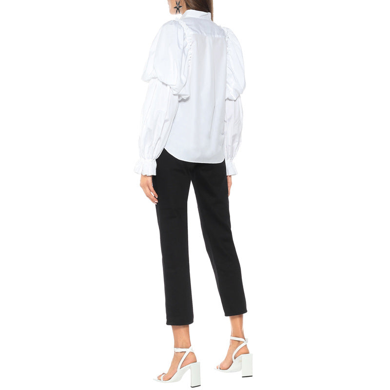Women's Shirt Women Long Sleeve Lantern Sleeve Women Shirt White Stand Collar