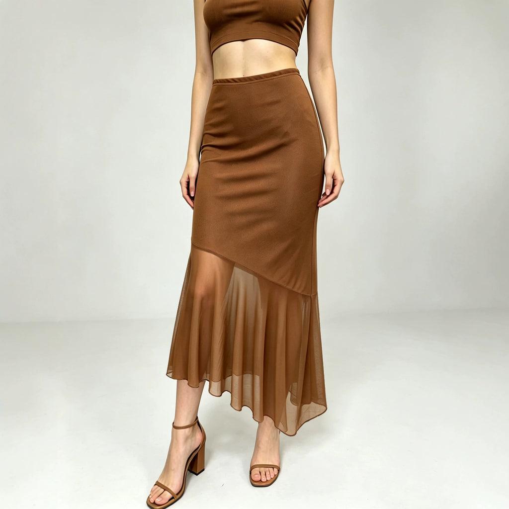 Summer Women Clothing Mesh Stitching Irregular Asym Skirt