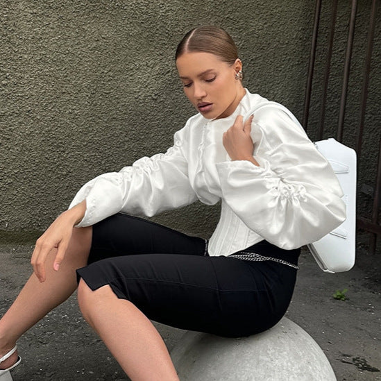 Women's Fitted Waist Pleated Round Neck Long Sleeve Shirt Cardigan