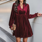 Velvet V-Neck Long Sleeve Midi Dress
