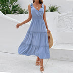 Solid V-Neck High-Waist Dress