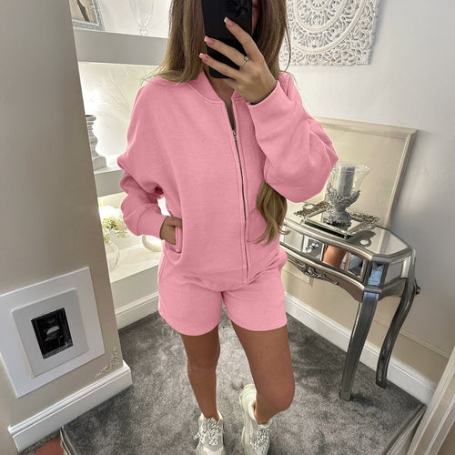 Pink zip-front long-sleeve jacket and matching sports shorts set
