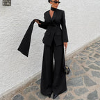 Women Office Waist Controlled Collared Long Sleeve Top Loose Trousers Two Piece Set