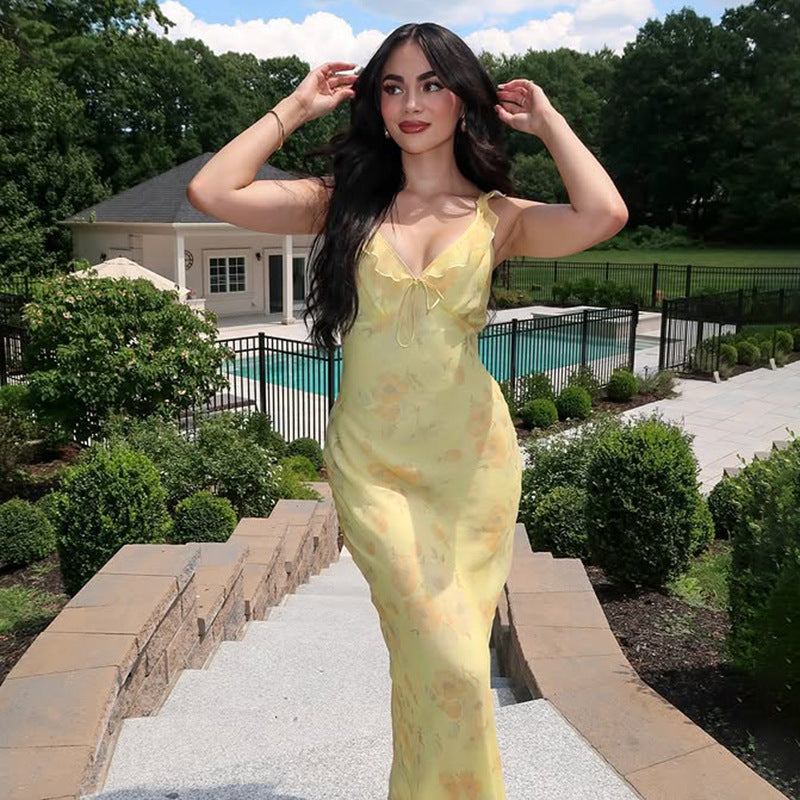 Floral Backless Ruffled Bodycon Maxi Dress