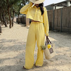 Women Clothing Summer Vacation Casual Long Sleeved Button Shirt Long Pants Set