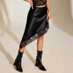 Lace Satin Skirt HW Elastic Oblique Swing Irregular Asym