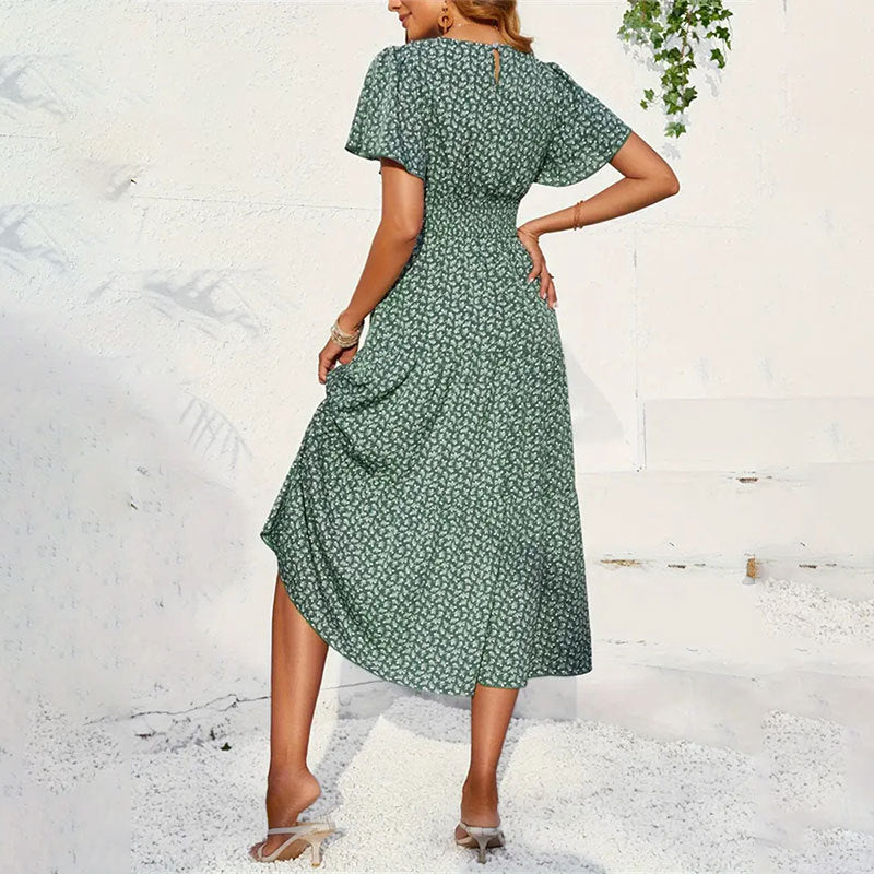 Women's Ruffle Sleeve Long Floral Dress Spring Summer High Grade Smocking