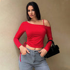Diagonal Collar T Shirt Cropped Exposed Design Short Red Top Women
