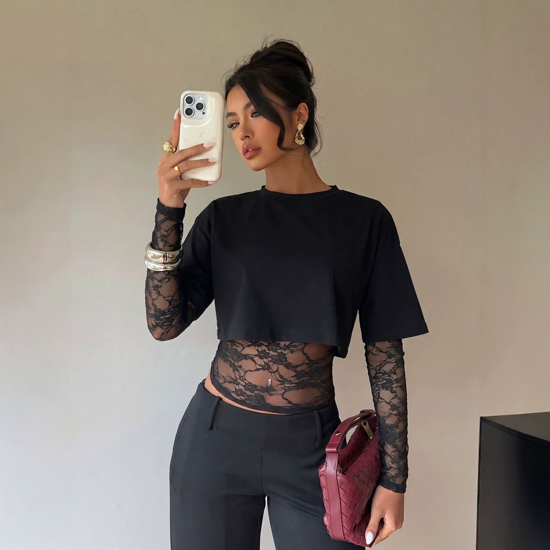 Autumn Lace Stitching Cropped Outfit Slim Solid Color Long