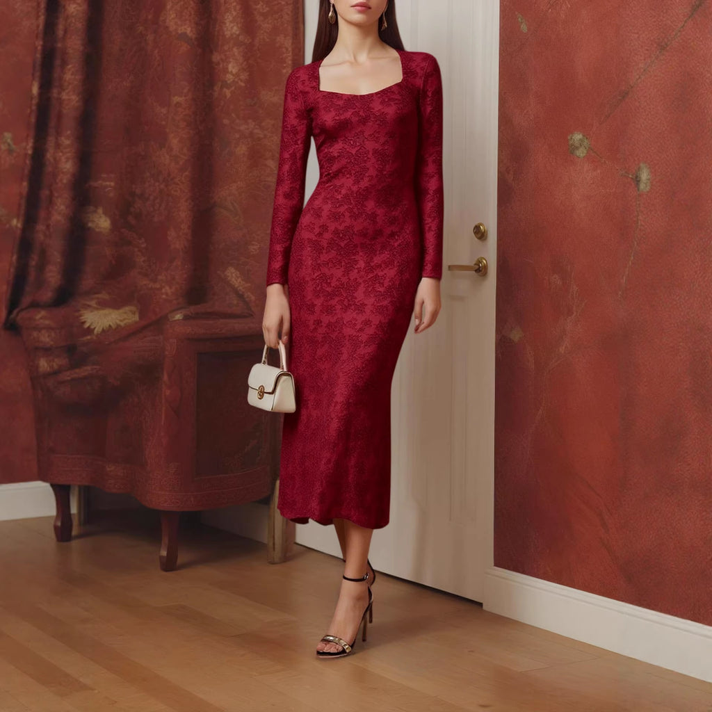 Red lace long-sleeve midi dress with square neckline and fitted waist