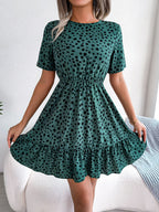 Spring Summer New Casual Polka-Dot Cinched Ruffled Large Swing Dress Tiered
