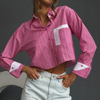 Striped Short Shirt Collared Long Sleeves Cropped
