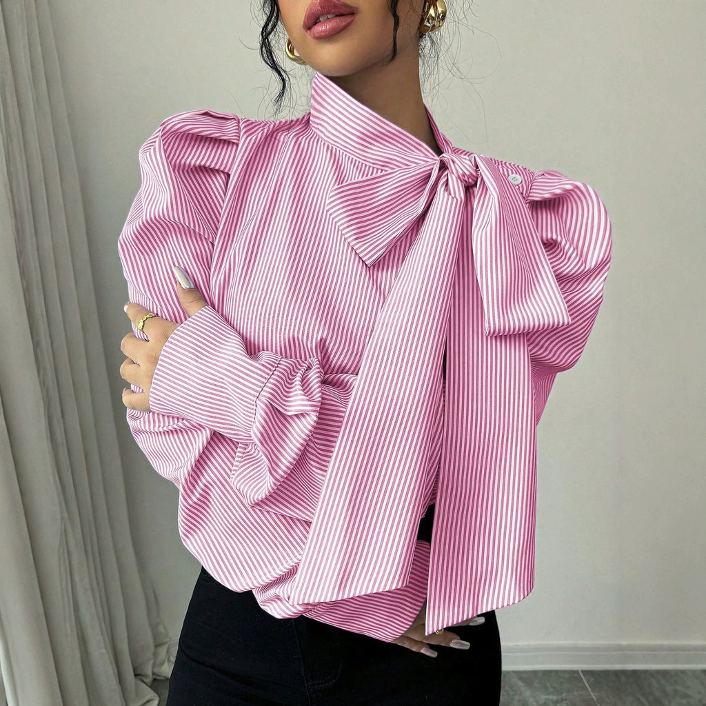 Striped Bow Tie-Neck Blouse for Women