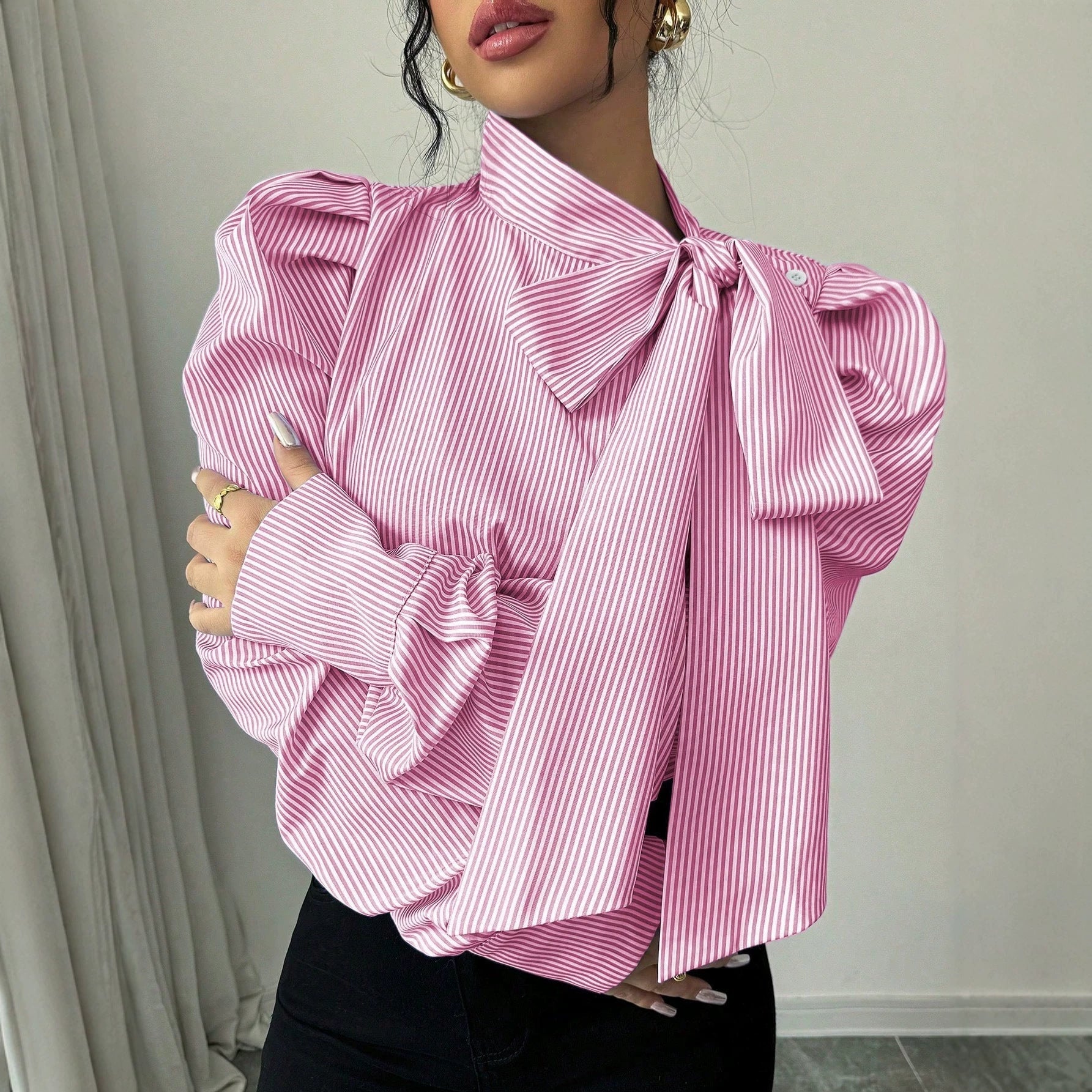 Striped Bow Tie-Neck Blouse for Women