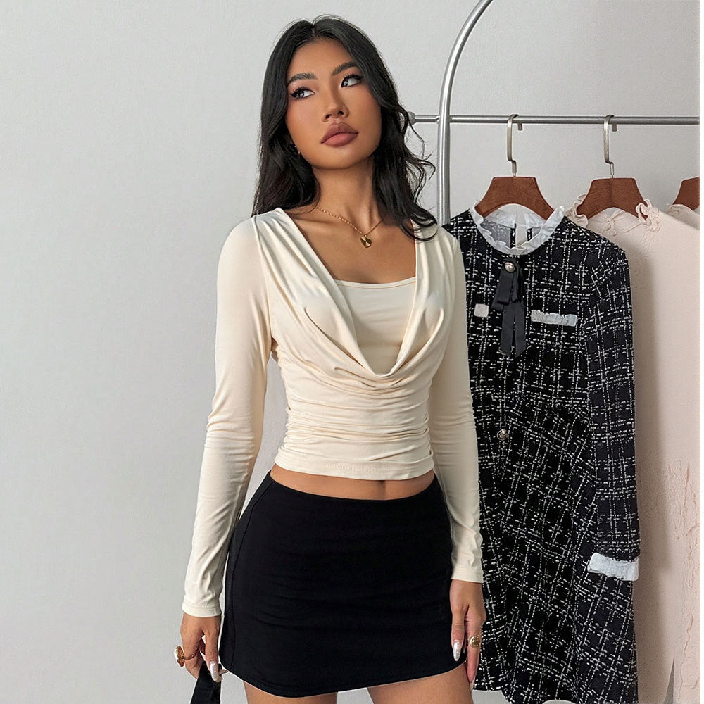 Women's Ruched Cowl Neck Long Sleeve Top