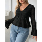 Women's V-Neck Lace-Trim Long-Sleeve Top