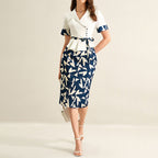 Office Business Abstract Printing Hip Wrapped Mid Length Skirt Two Piece Sets Women