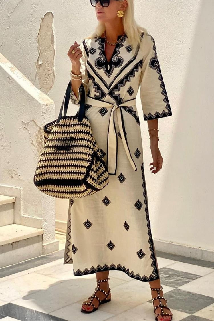 Printed Belted Bohemian Dress