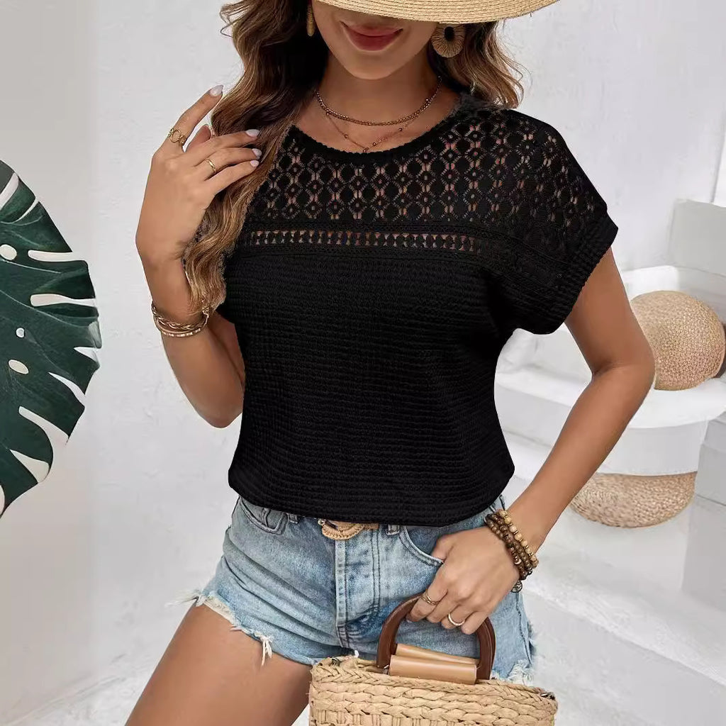 Women's Clothing Summer Top Raglan Mesh Hollow Out Cutout Breathable All Match Short Sleeve T Shirt