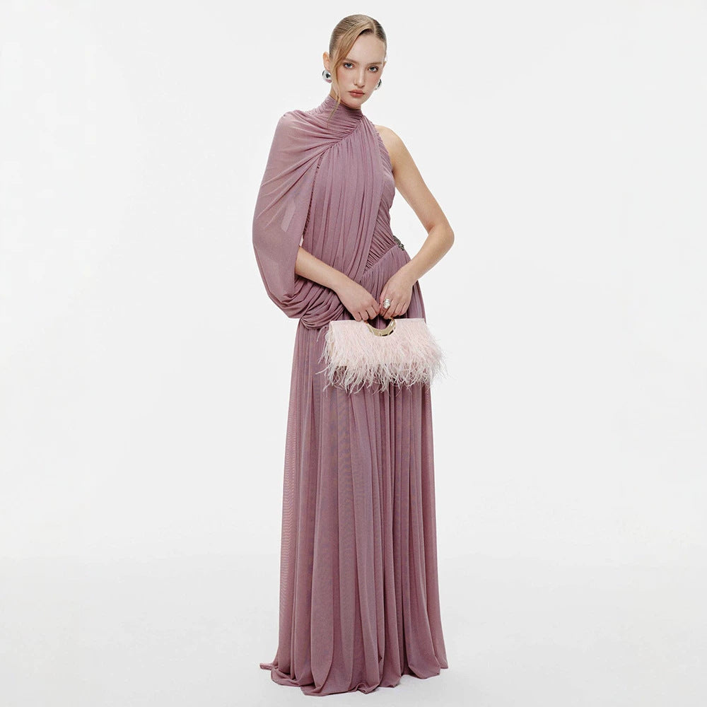 One Shoulder Pinch Pleated Ribbon Vietnam Pleated Hip Dress