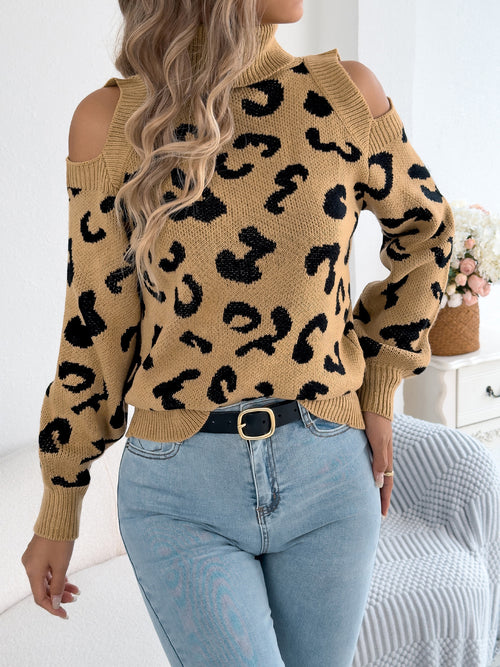 Women’s cold-shoulder turtleneck leopard knit sweater, tan, ribbed cuffs and hem