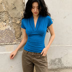 Lightly Mature Pleated Waist Tight V neck Halter Blue Top