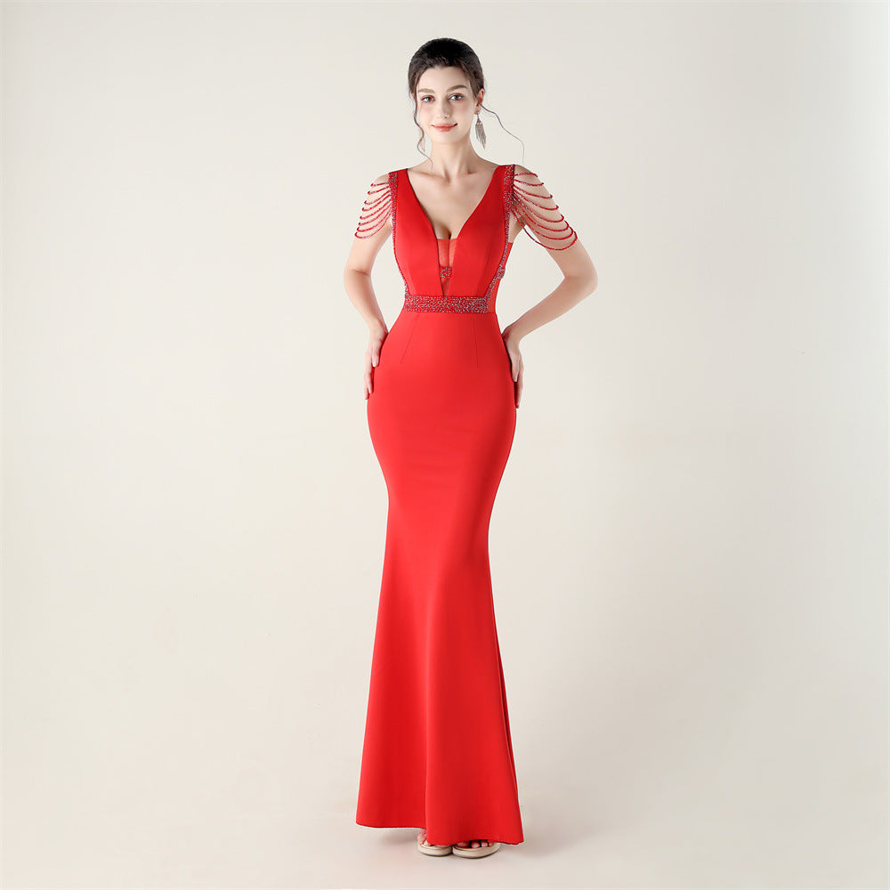 Deep V Plunge neck High Density Beaded Decoration Slim Slimming Evening Dress Cocktail Wedding Performance