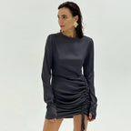 Long-Sleeve Satin Draped Dress