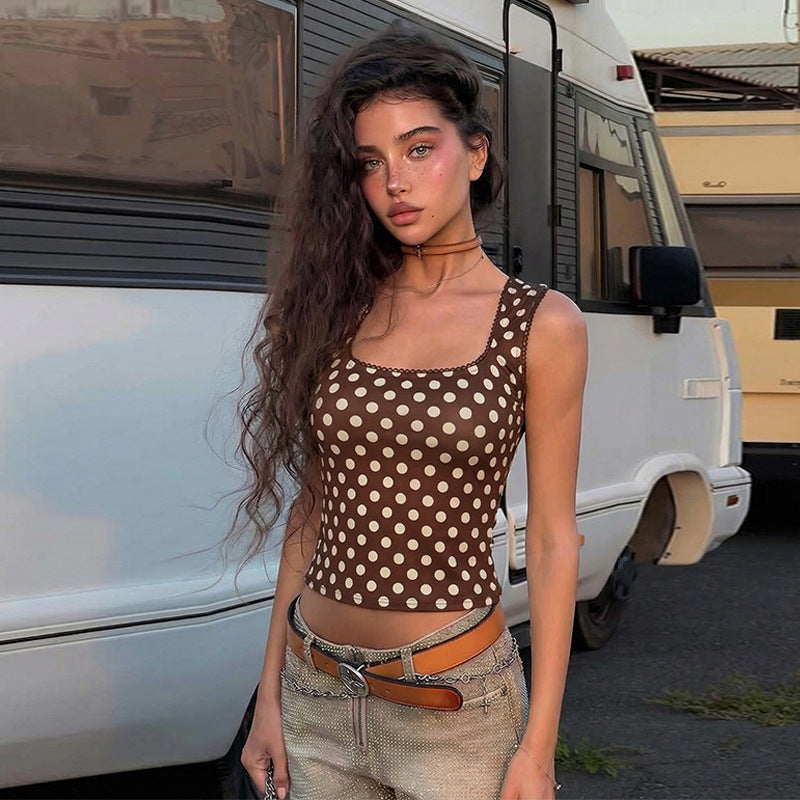 Women's Women’s Brown Polka Dot Square Neck Tank Top